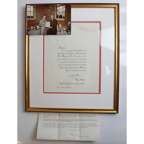 550 - Imperial Service Medal to Mrs Molly Roughley. In original box, letter of notification, photo and fra... 