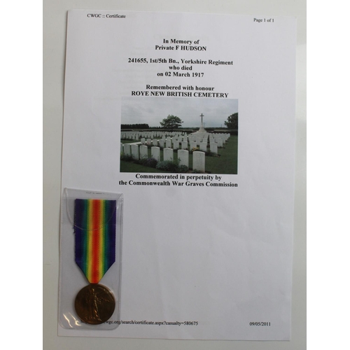 554 - Victory Medal to 241655 Pte F. Hudson. 1914-15 Star to 18223 Pte S. Watchman. Victory Medal to 35147... 