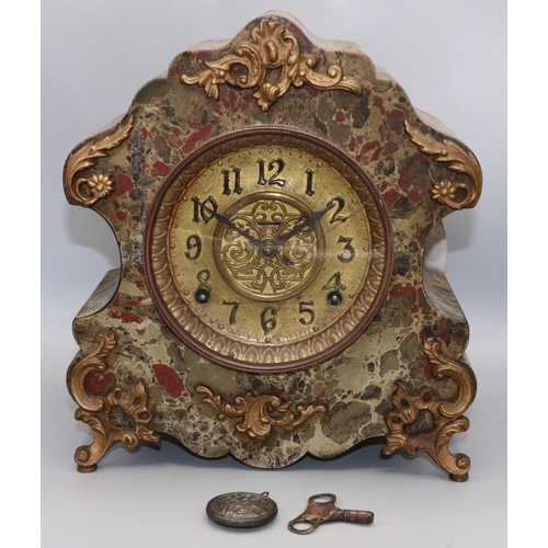 109 - Early C20th American rococo style faux marble mantel clock, two train movement striking on a scroll ... 