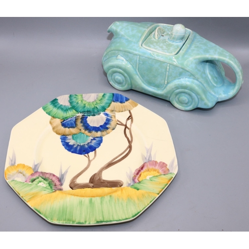 161 - Clarice Cliff for Wilkinson Ltd - Bizarre 'Aurea' pattern plate, D22cm; and a Sadler racing car teap... 