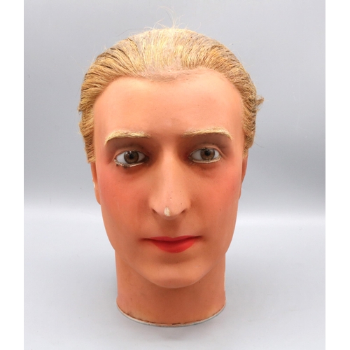 193 - Early C20th male French wax mannequin head, with real hair, glass eyes and painted face, c1930s, H27... 