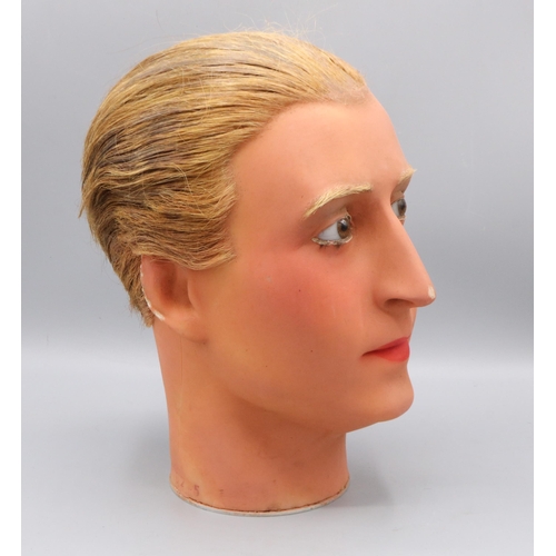 193 - Early C20th male French wax mannequin head, with real hair, glass eyes and painted face, c1930s, H27... 