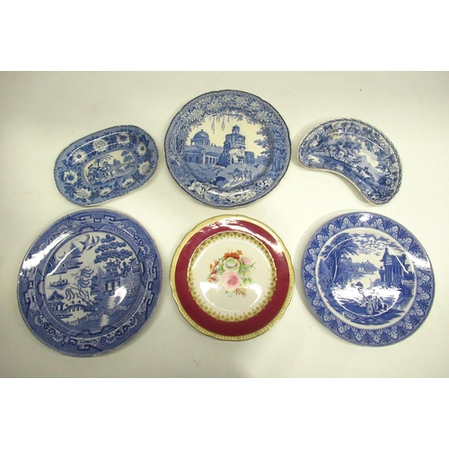 379 - Collection of plates, incl. an early C19th blue and white transfer decorated Rogers Zebra pattern di... 