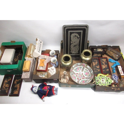 383 - Collection of late C20th Chinese items incl. a pair of brass vases, H24cm; cork pictures; Forbidden ... 