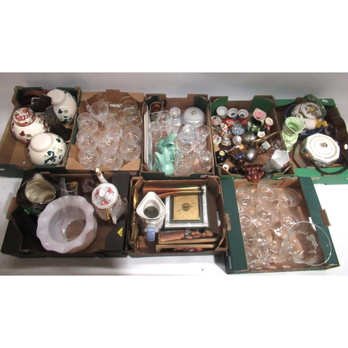 384 - Collection of ceramics and glassware, incl Mason's ginger jars; oil lamp shade, etc. (8 boxes)