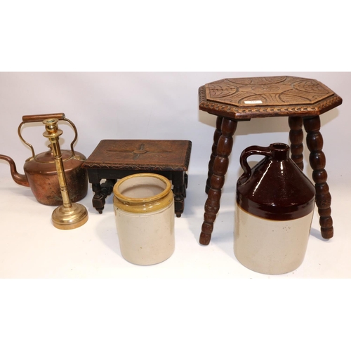 257 - Two oak stools with carved decoration to the tops, copper kettle, brass candlestick, stoneware flago... 