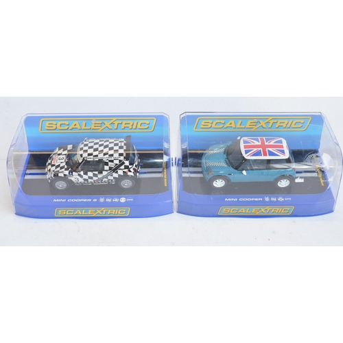 197 - Eight 1/32 scale racing slot cars to include 4x Scalextric Mini Coopers (C3073, C2992, C2911 Nixon A... 