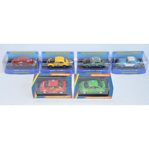 199 - Six Scalextric 1/32 scale Volkswagen Beetle slot car models to include 4x classic Beetles, C3204 196... 