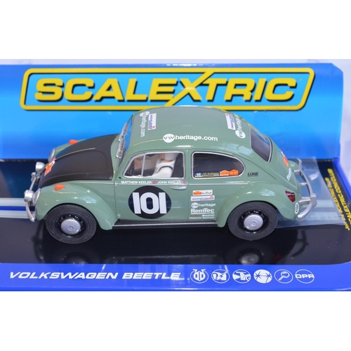 199 - Six Scalextric 1/32 scale Volkswagen Beetle slot car models to include 4x classic Beetles, C3204 196... 