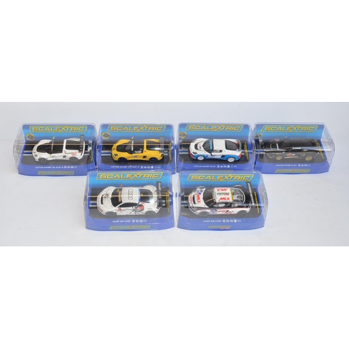 205 - Six 1/32 scale Scalextric racing slot car models to include 4x Lotus Exige, C3509 V6 Cup R Orange, C... 