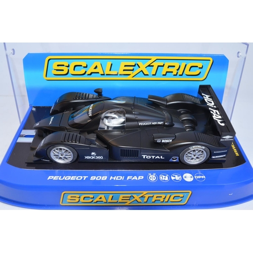 208 - Scalextric racing slot cars C2897 Peugeot 908 HDi FAP 2007 No7, C2906 Porsche RS Spyder Porsche Engi... 