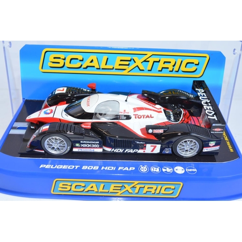 208 - Scalextric racing slot cars C2897 Peugeot 908 HDi FAP 2007 No7, C2906 Porsche RS Spyder Porsche Engi... 