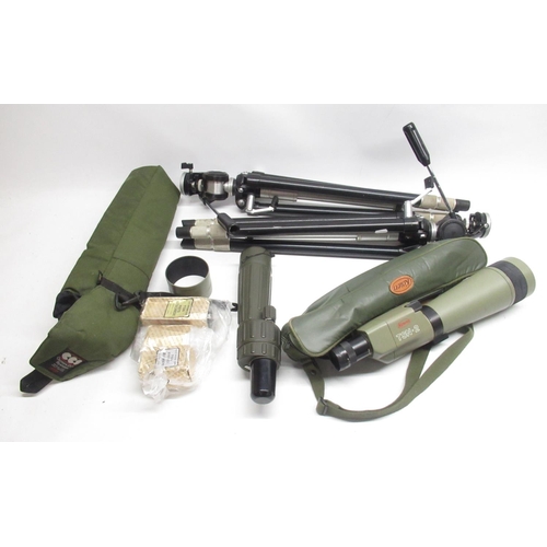 358 - Kowa TSN-2 spotting scope with attachments, Charles Frank spotting scope, and two tripods