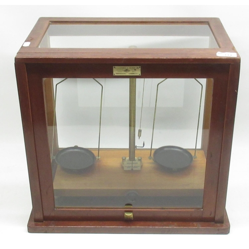 411 - W & J George & Becker Ltd chemical balance or laboratory scales in fitted wooden glass case, H42.5cm