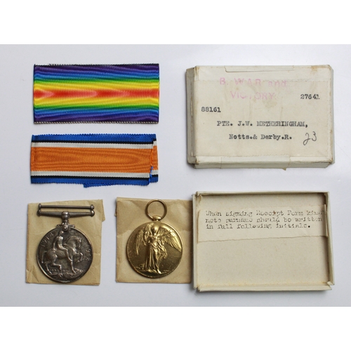 555 - British War Medal1914-18, Victory Medal to 88161 Pte J.W. Metheringham, Notts & Derby Regt' in origi... 