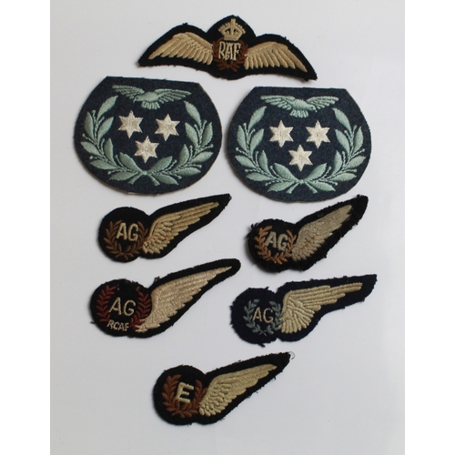 556 - Collection of cloth badges. Pair of R.A.F. Aircrew Rank badges, R.C.A.F. Air Gunner Wing, R.A.F. Air... 