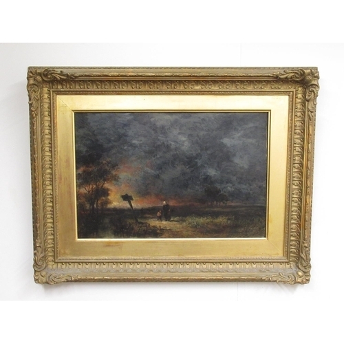 483 - English School (C19th); Travellers on a pathway in a storm, oil on tin, indistinctly signed, 28cm x ... 