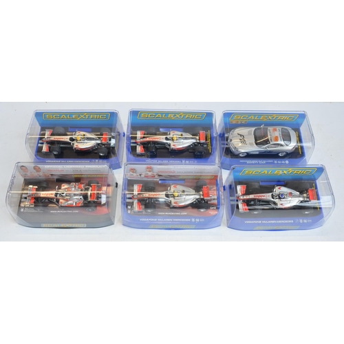 222 - Five Scalextric 1/32 scale McLaren Mercedes Formula 1 racing slot car models to include C2806 F.Alon... 