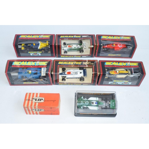 227 - Eight vintage slot racing cars to include Scalextric C129 Green March Ford 240, C426 F1 Williams, (w... 