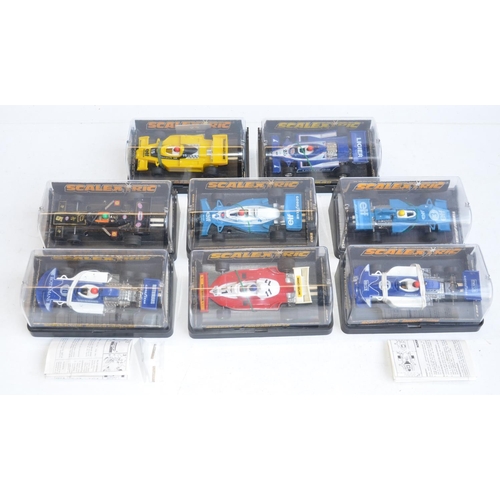 228 - Eight vintage Scalextric Formula 1 slot racing cars to include C129 Blue Rothmans March Ford 240 (so... 