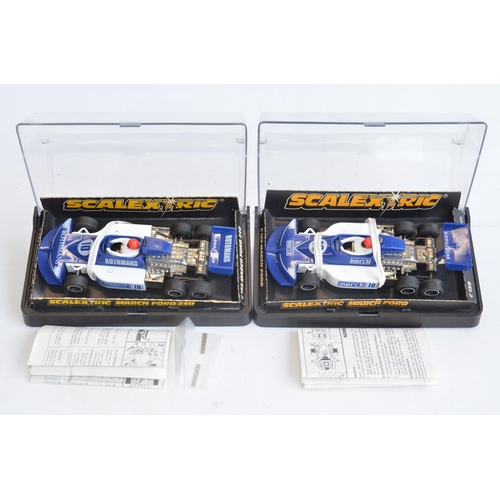 228 - Eight vintage Scalextric Formula 1 slot racing cars to include C129 Blue Rothmans March Ford 240 (so... 