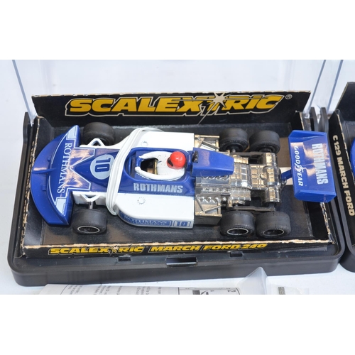 228 - Eight vintage Scalextric Formula 1 slot racing cars to include C129 Blue Rothmans March Ford 240 (so... 