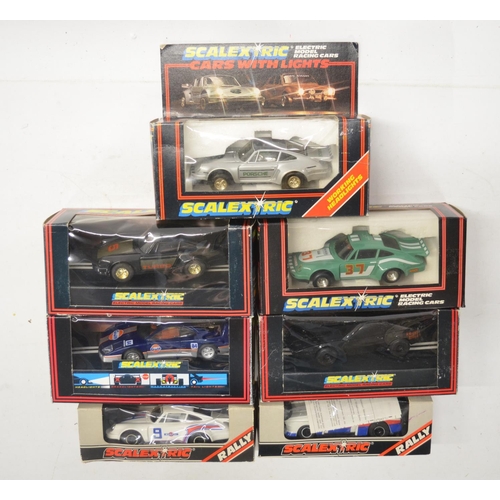 235 - Seven vintage Scalextric slot car models to include C288 Silver Porsche With Lights (excellent littl... 