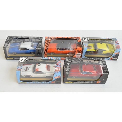 243 - Five 1/32 scale Dodge Charger slot car racing models from Pioneer to include P005 '68 Bengal Charger... 