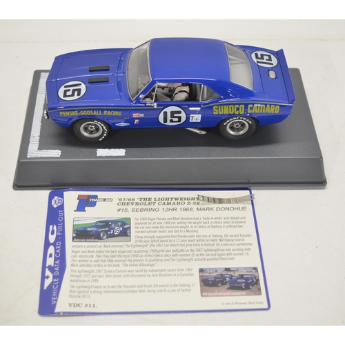 253 - Seven 1/32 scale Chevy Camaro slot car racing models from Pioneer and Scalextric to include Pioneer ... 