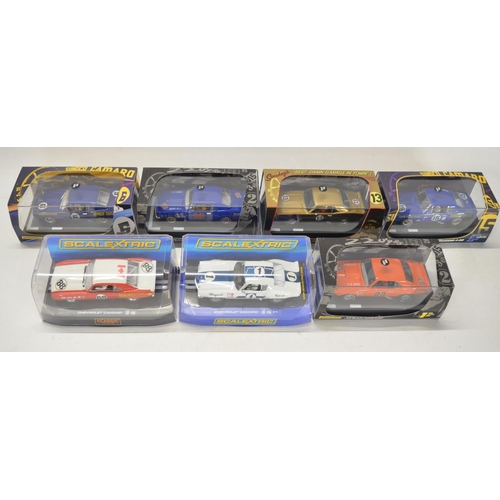 253 - Seven 1/32 scale Chevy Camaro slot car racing models from Pioneer and Scalextric to include Pioneer ... 