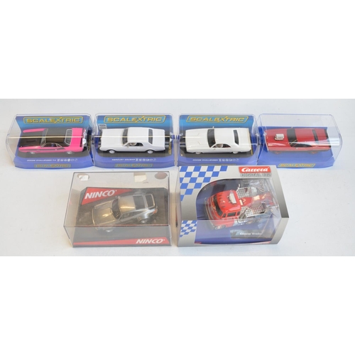 258 - Six 1/32 scale racing slot car models to include Scalextric C3537 Dodge Challenger T/A 340 Six Pack ... 