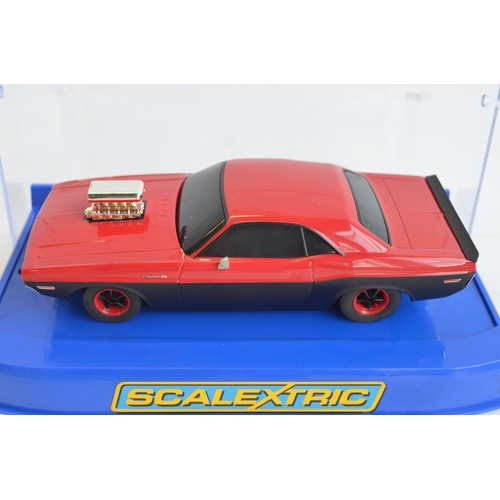 258 - Six 1/32 scale racing slot car models to include Scalextric C3537 Dodge Challenger T/A 340 Six Pack ... 