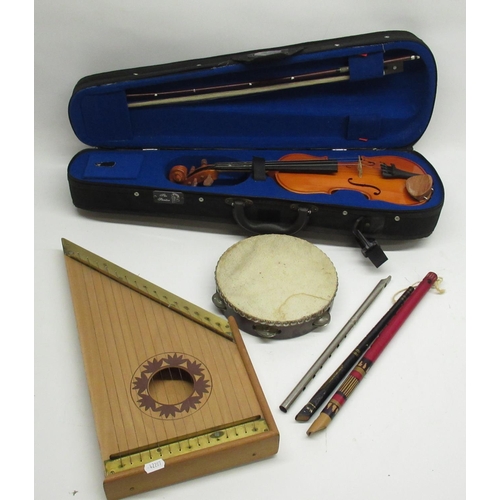 444 - The Stentor child's Violin and bow in case, Tambourine, small Harp and 3 flutes (6)