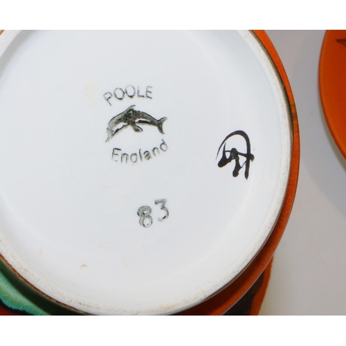 300 - Poole Pottery Delphis - two chargers, one decorated with a ship, and a vase, decorated in orange, ye... 