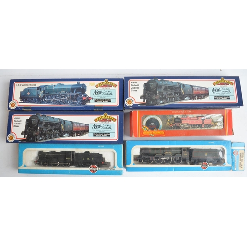 288 - Six OO gauge electric steam train models to include Bachmann 31-251 BR green Rebuilt Jubilee Class 4... 