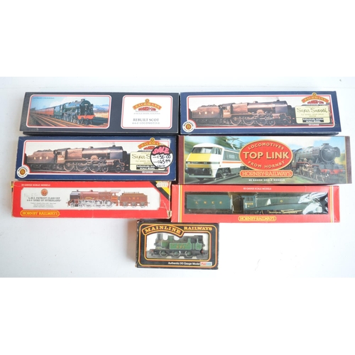 290 - Seven OO gauge electric steam train models to include Bachmann 31-276 LMS black Royal Scot 6134 