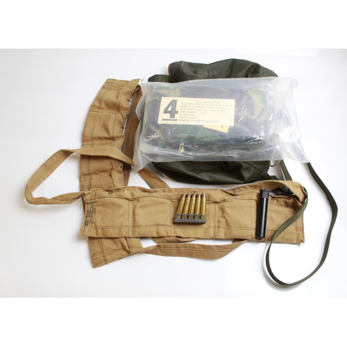 578 - Two ammunition bandoliers containing 303 clips with brass casings, oil bottle, modern gas mask bag a... 