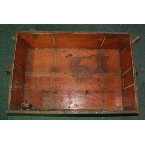 580 - Two large wooden ammunition boxes with metal strapping and rope handles. 26cmx 75x50