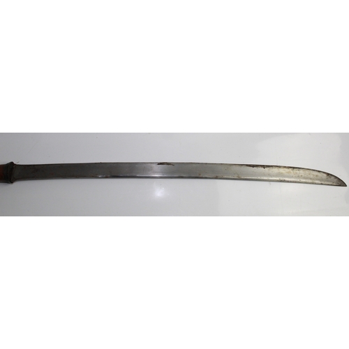 599 - Burmese Dha (sword) Wooden handle with copper hilt and brass pommel. The scabbard is made a split pi... 