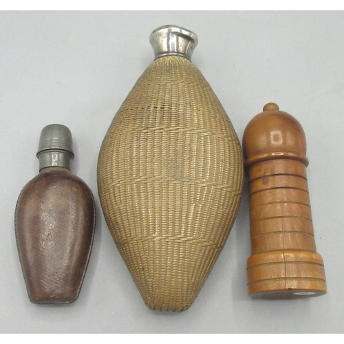 104 - Three scent bottles, comprising rattan/basketweave encased scent flask with monogrammed white metal ... 