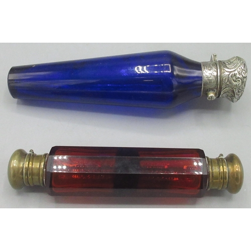 109 - Two C19th coloured glass scent bottles, comprising a cobalt blue scent bottle of tapering form, the ... 