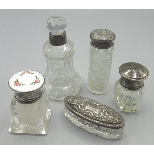 113 - Collection of dressing table scent bottles and jars, incl. a pair of Edwardian cut glass scent bottl... 