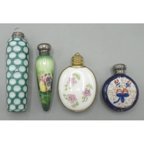 116 - Collection of scent bottles, incl. two porcelain bottles with hallmarked silver tops, a glass bottle... 