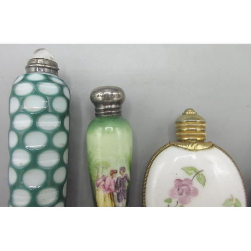 116 - Collection of scent bottles, incl. two porcelain bottles with hallmarked silver tops, a glass bottle... 