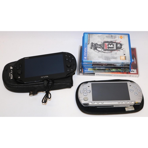 381 - PlayStation hand-held games consoles: PSVITA, and a PSP, with five games (qty.)