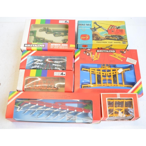 164B - Six boxed 1/32 Britain's farm models: Plough Set, Front And Rear Running (9549), Cultivator Herse (9... 