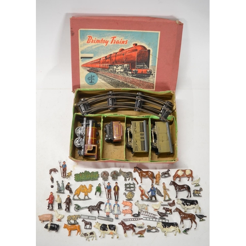 331 - Vintage Brimtoy tinplate clockwork train set with 0-4-0 steam loco (in working order), tender, 2 goo... 