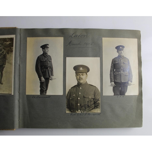 626 - Album of photographs and magazine cuttings depicting military life during WWI, portraits of soldier ...