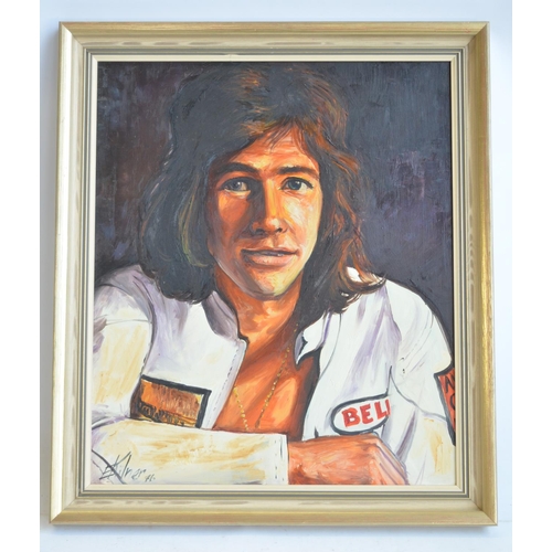 523 - Framed original oil painting of Barry Sheene by E Kilner 1976. 59x68cm