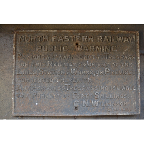 466 - Relief cast iron North Eastern Railways Public Trespass Warning sign, 90.5x60.3cm